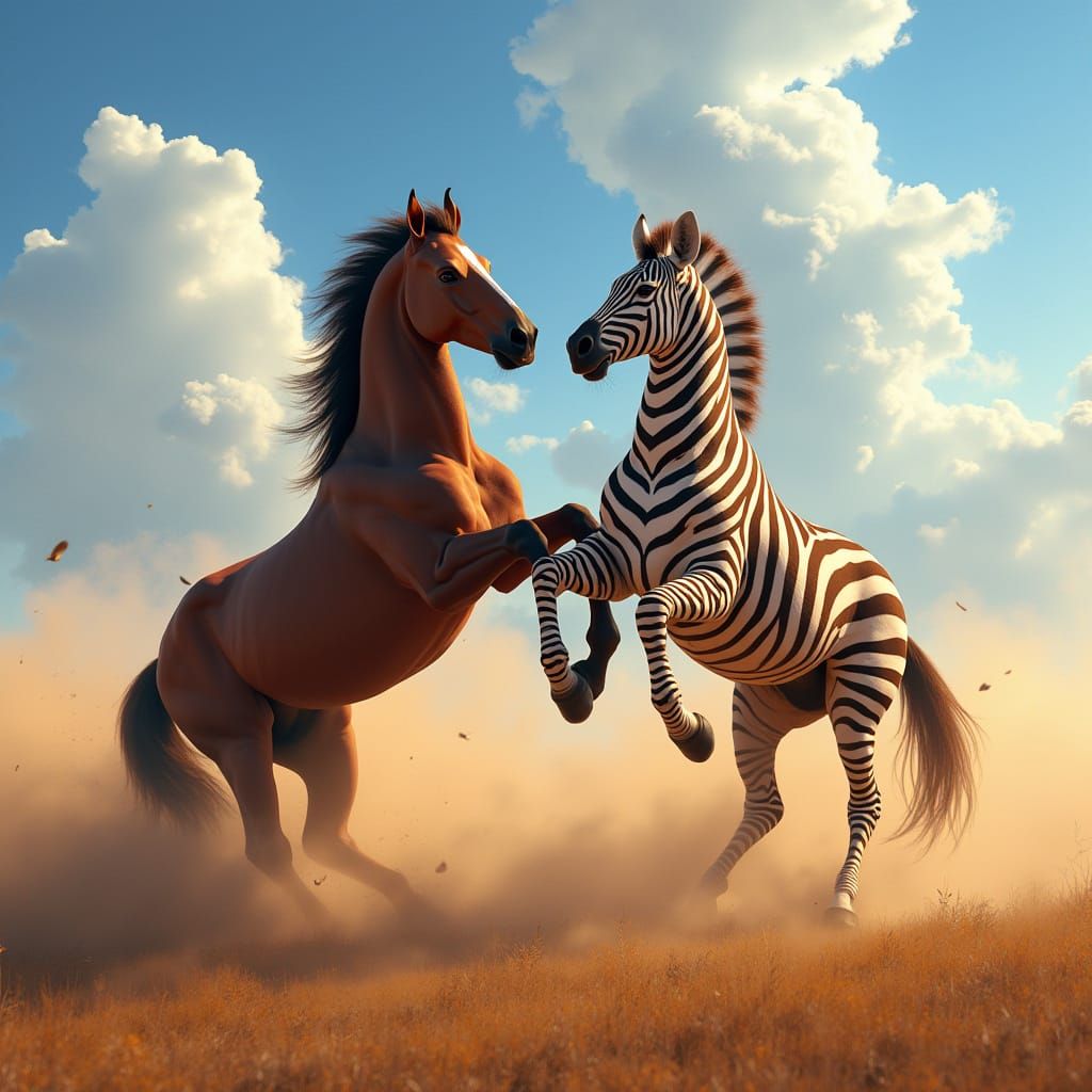 Majestic Brown Horse and Zebra Engage in Epic Savannah Battl...
