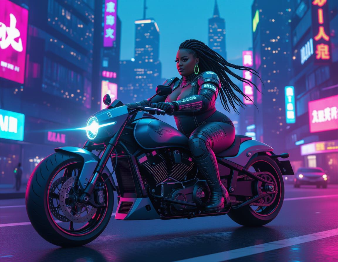 Regal Cyberpunk Woman Rides Neon Motorcycle