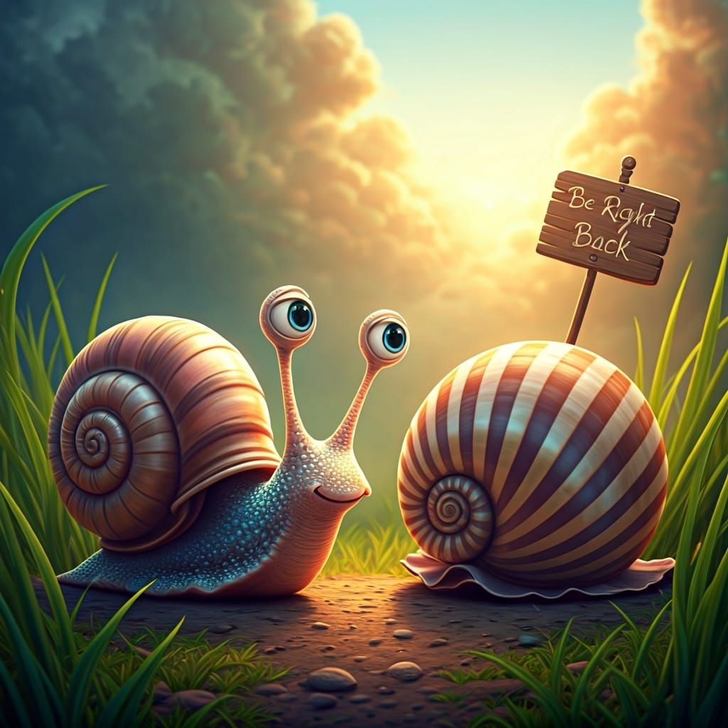 Curious Snail and Empty Shell as Oil Painting