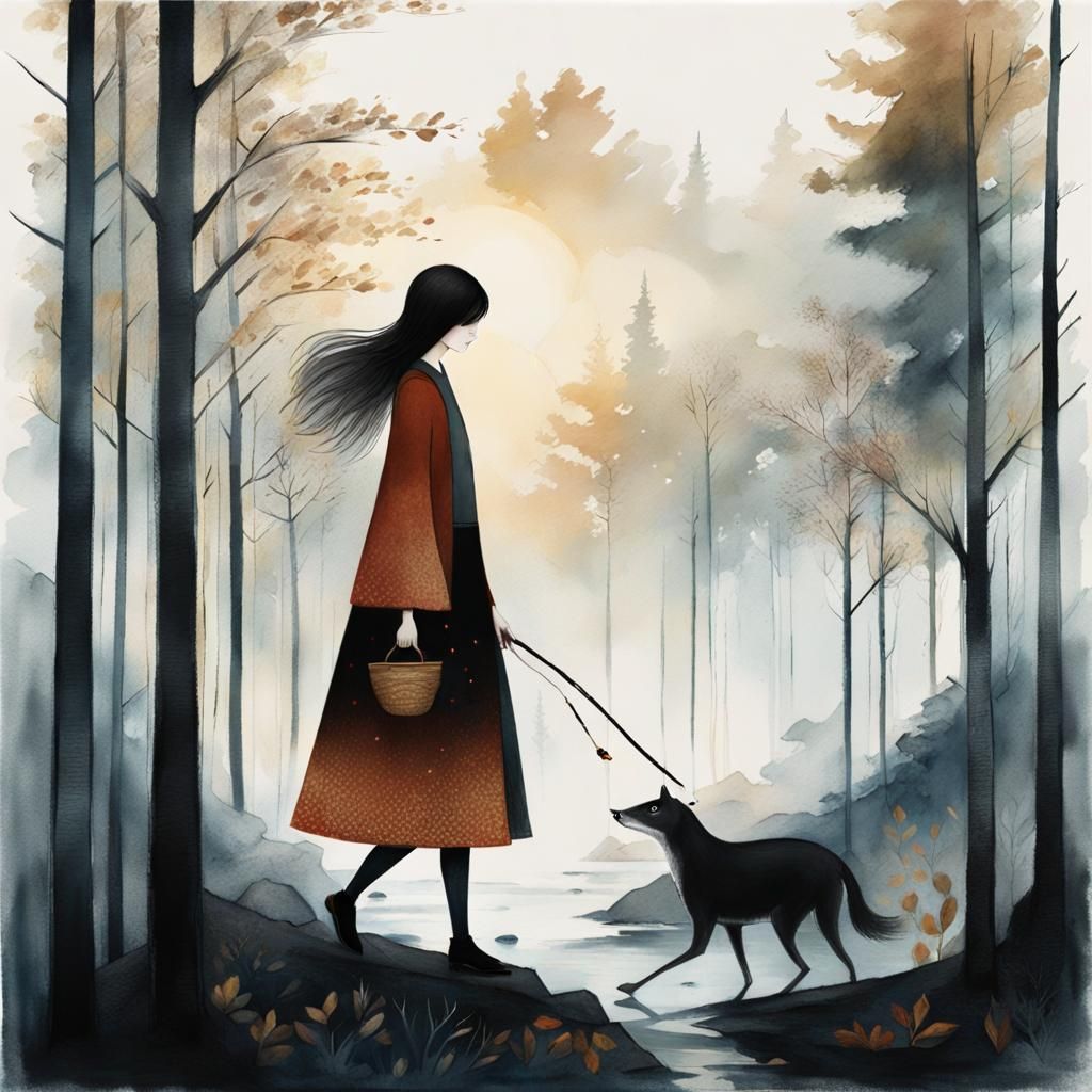 Girl in Forest: Watercolor Illustration in 8k