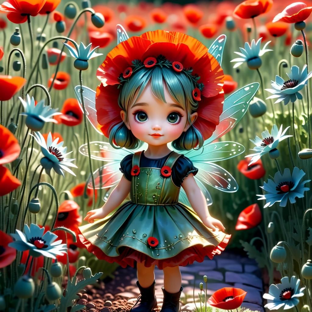 Detailed Poppy Fairy in Red Poppy Garden
