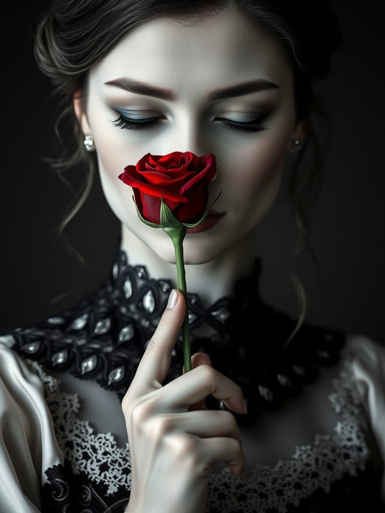 Elegant Lady with a Velvet Rose Bud