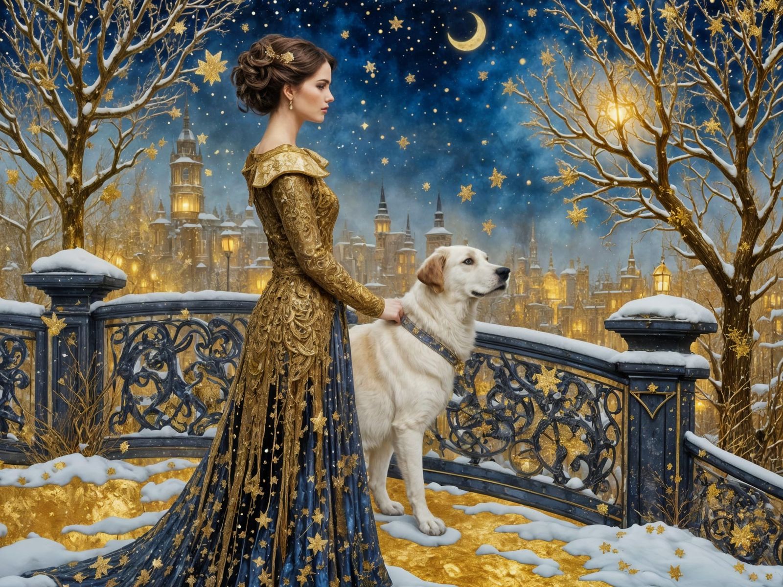Gilded Patchwork Winter Night Cityscape with Woman and Dog