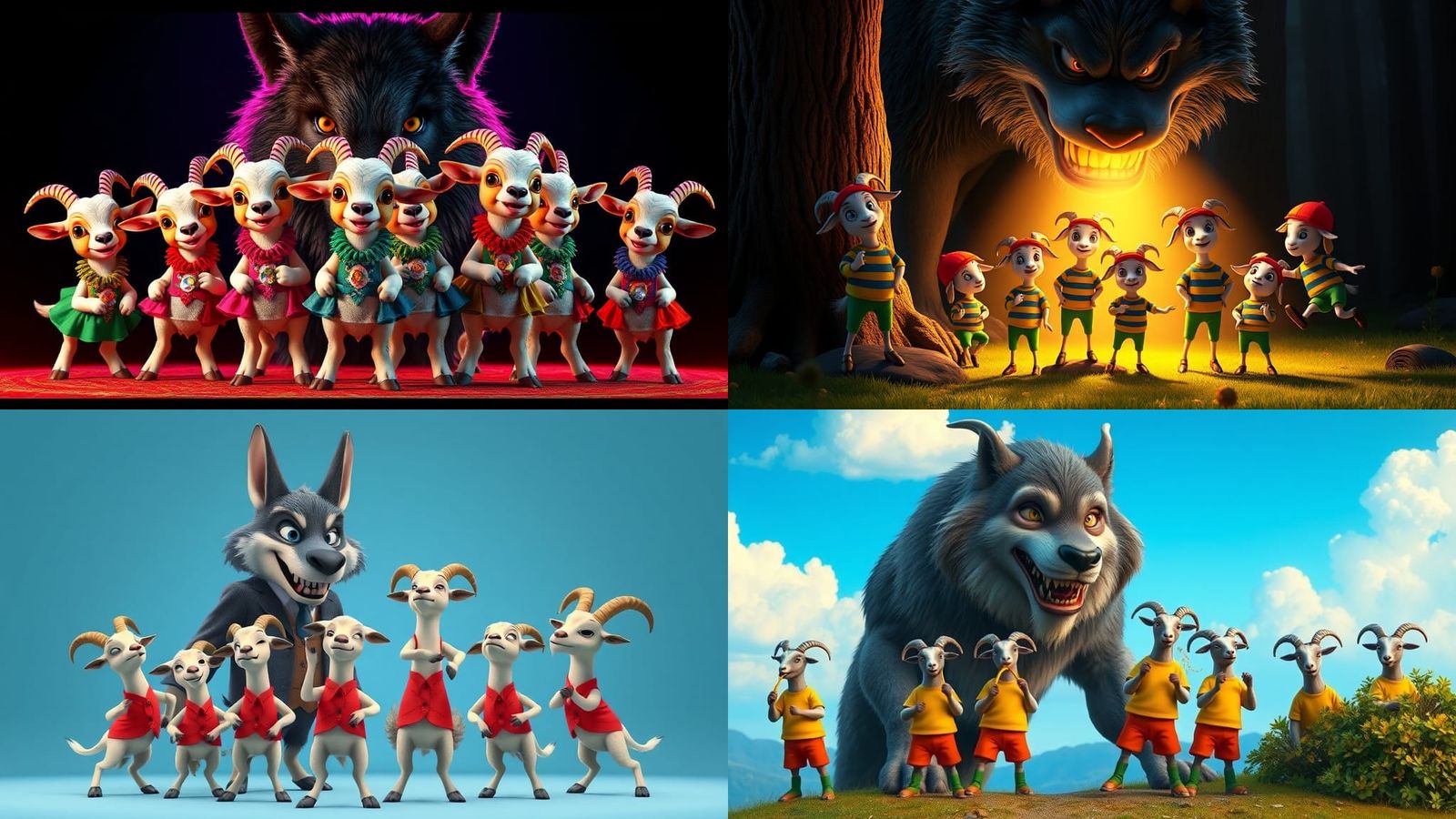 Wolf and Goats in Pixar 3D Cartoon Style