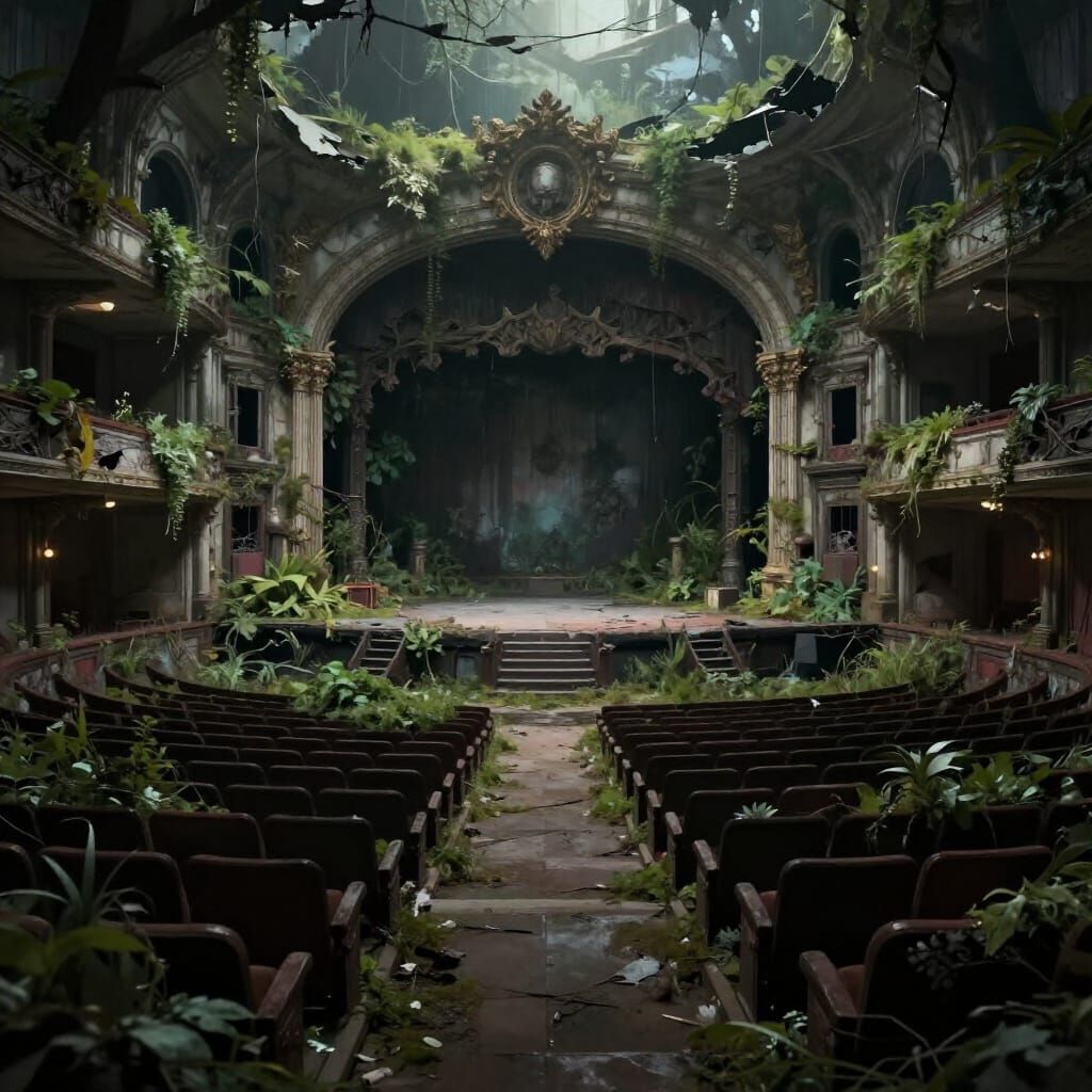 Post-Apocalyptic Theater Overgrown with Lush Vegetation