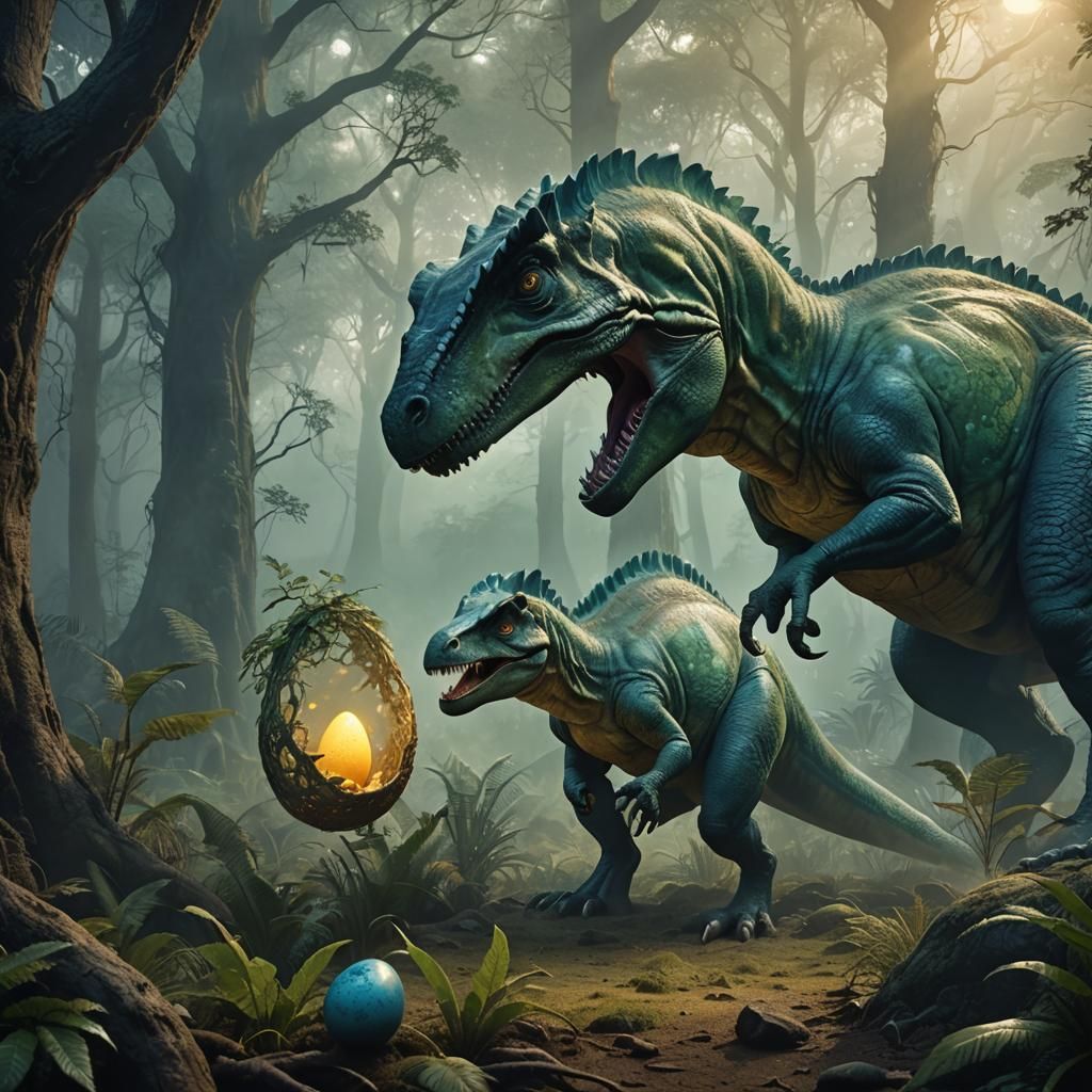 Dinosaur Eating Egg in Misty Prehistoric Forest