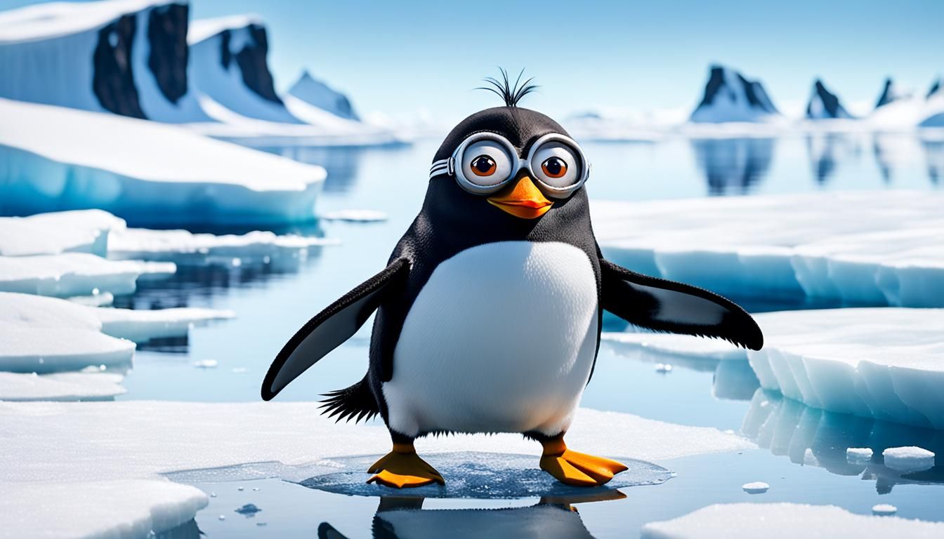 minion  Adélie penguin with googly eyes floating on an ice f...