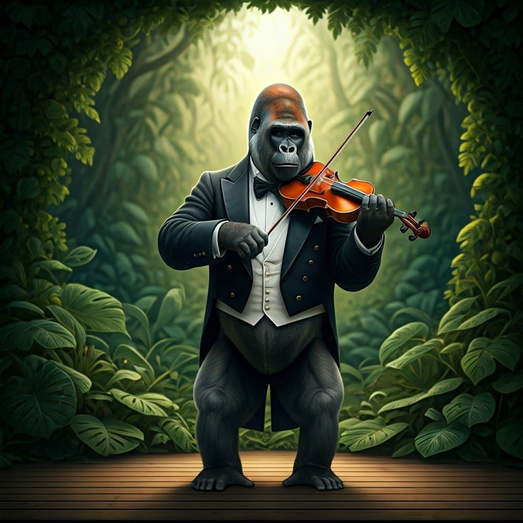 Dignified Gorilla Performs Violin on Stage amidst Vibrant Fo...