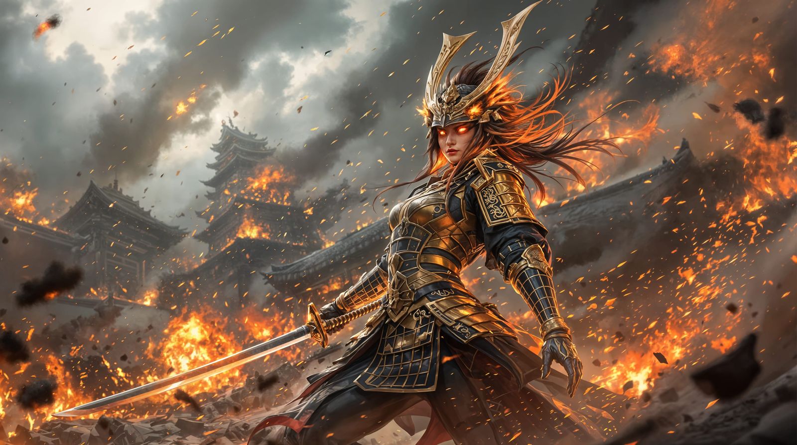 Surreal Warrior in Fiery Battle, Ancient Japanese Style