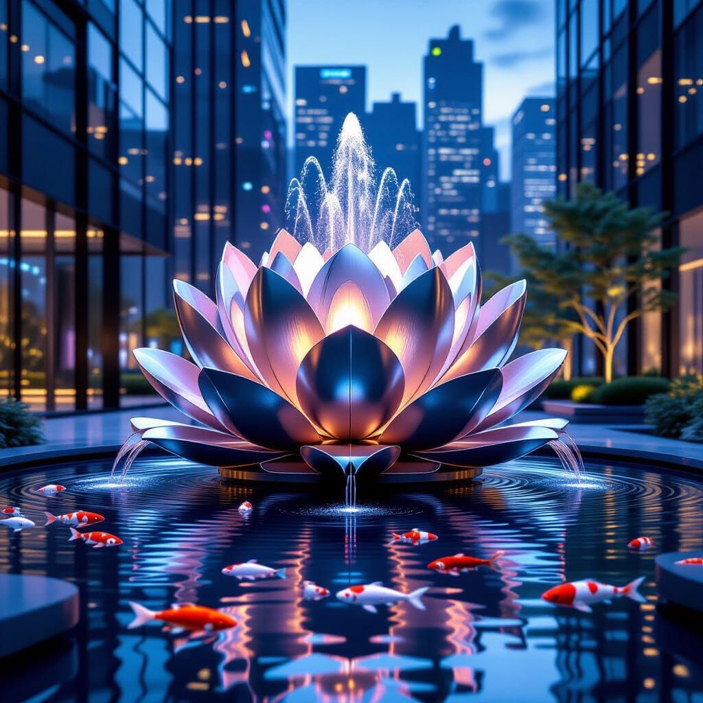 Futuristic Zen Garden with Lotus Fountain