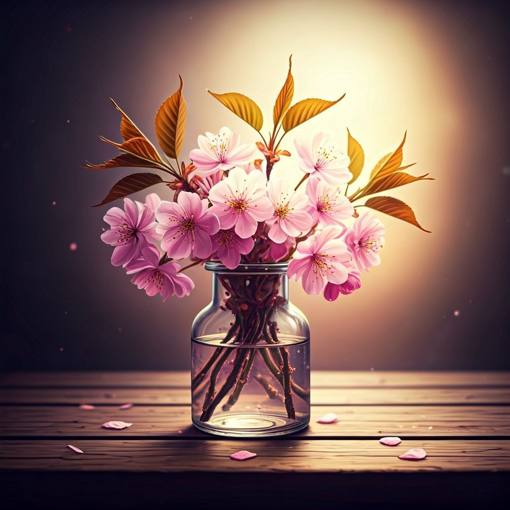 Vintage Sakura Flowers in Glass Vase, Botanical Art