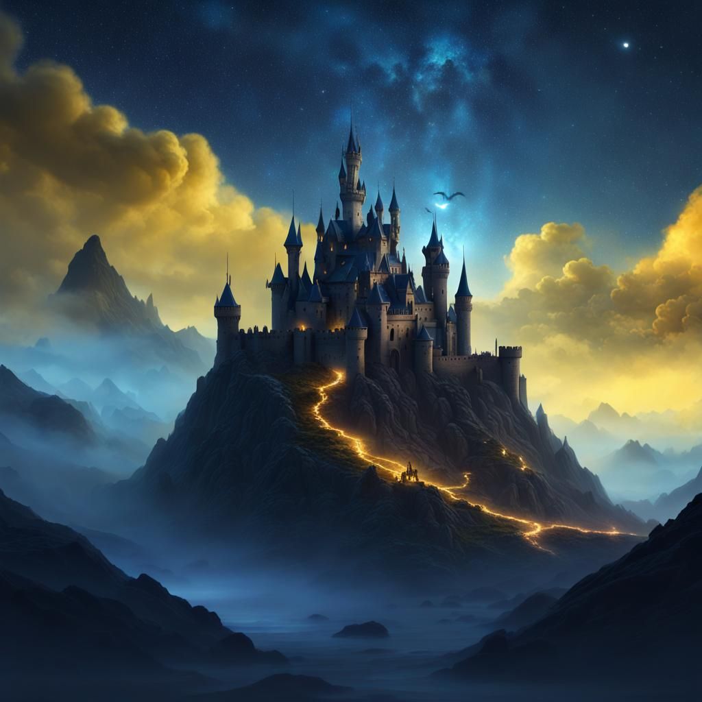 Misty Mountains and Dragons Under Starry Galaxy