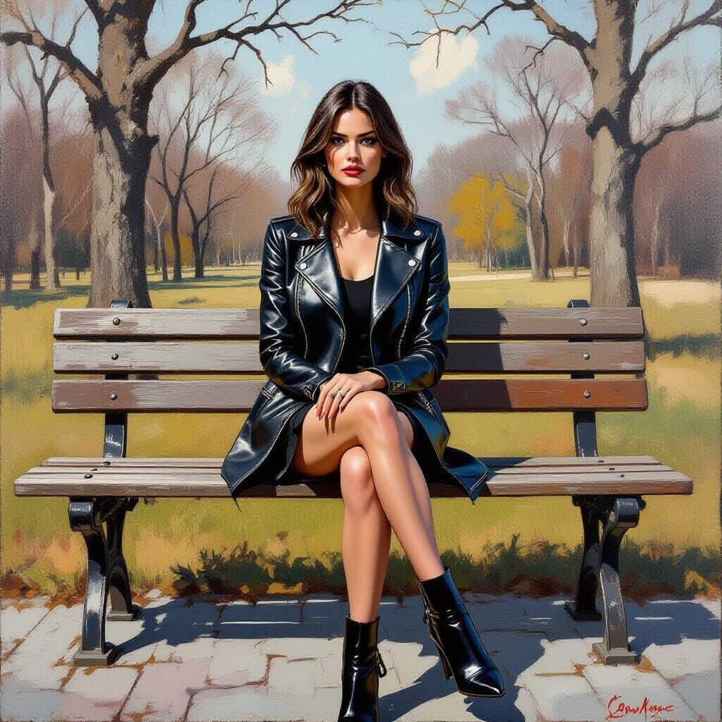 Woman on Park Bench in Oil Painting Style