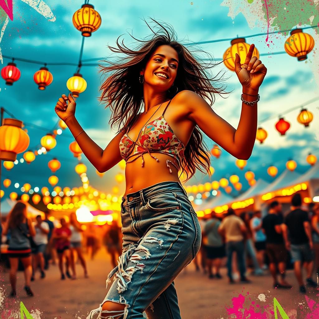 Dancing Woman at Music Festival in Mixed Media Collage