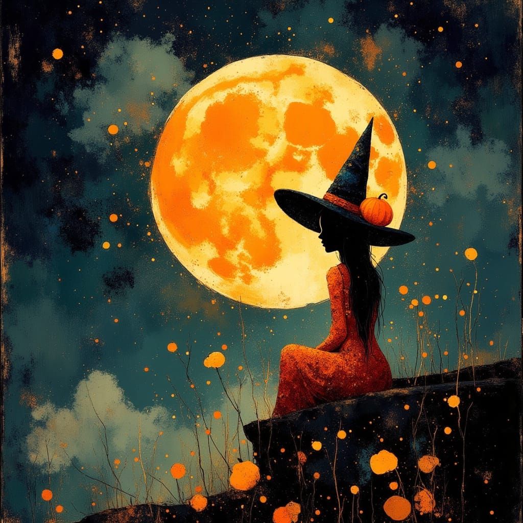 Surreal Night Sky: Pumpkin Pie Moon & Crochet Witch