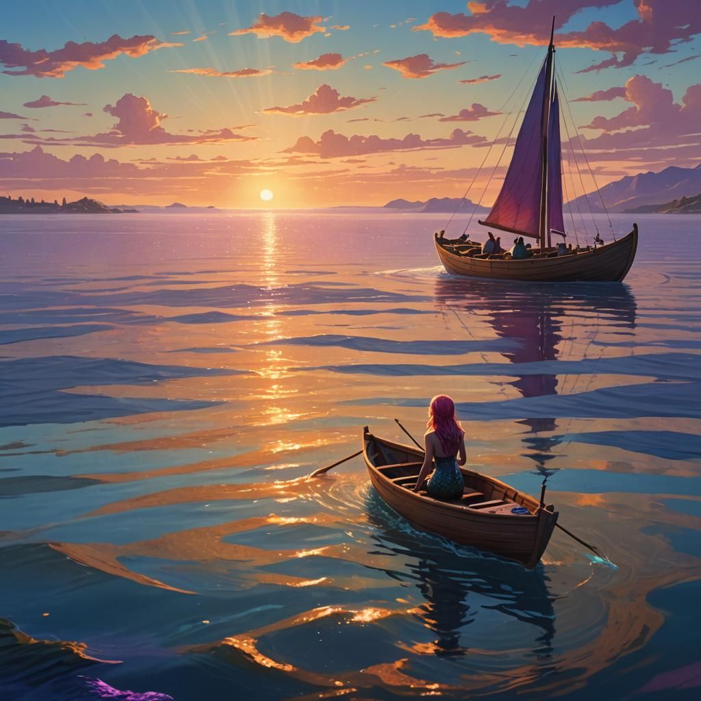 Mermaid Sailing at Sunset: Fantasy Concept Art