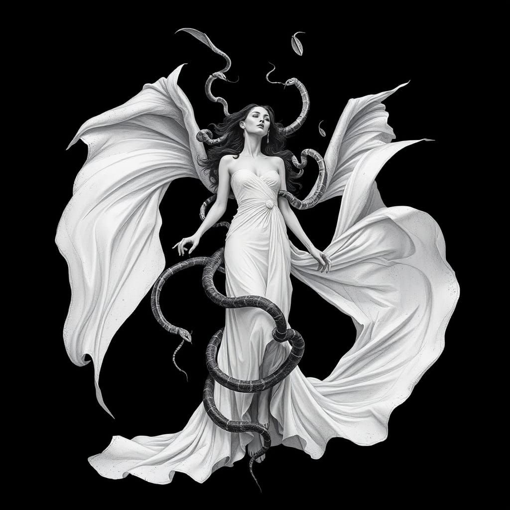 Serene Woman and Snakes: A Dark Fantasy Digital Art