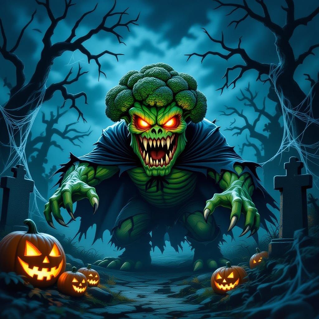 Terrifying Broccoli Monster in Spooky Graveyard