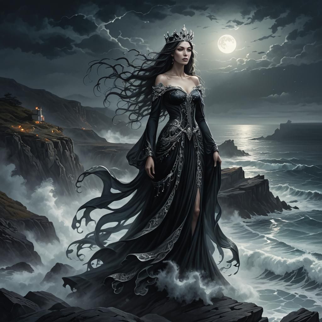 Goddess of Darkness and Sea on Misty Cliff