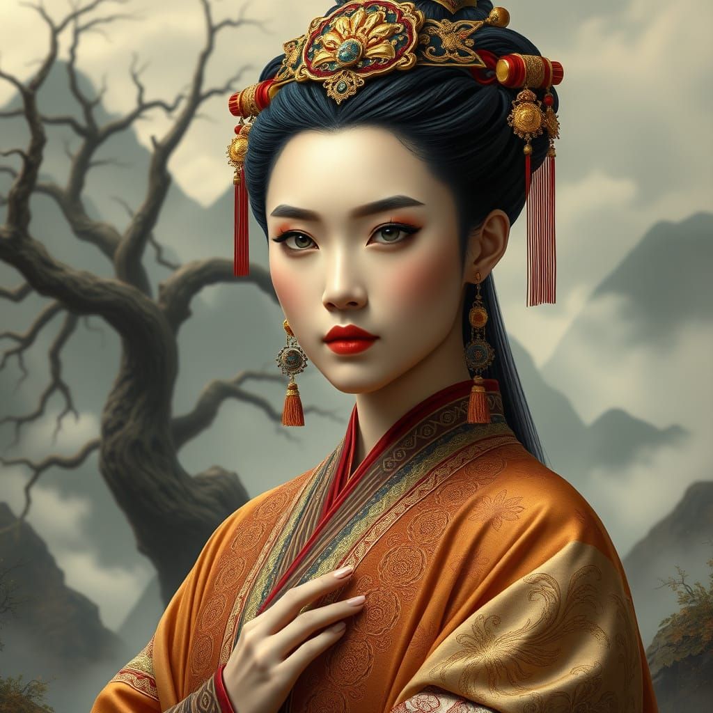 Elegant Royal Queen in Traditional East Asian Attire