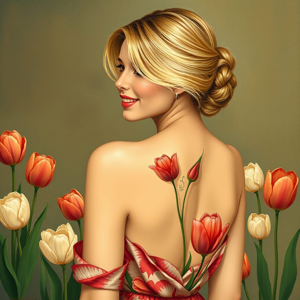 Elegant Blonde Woman in Impressionist Style with Tulip Tatto...