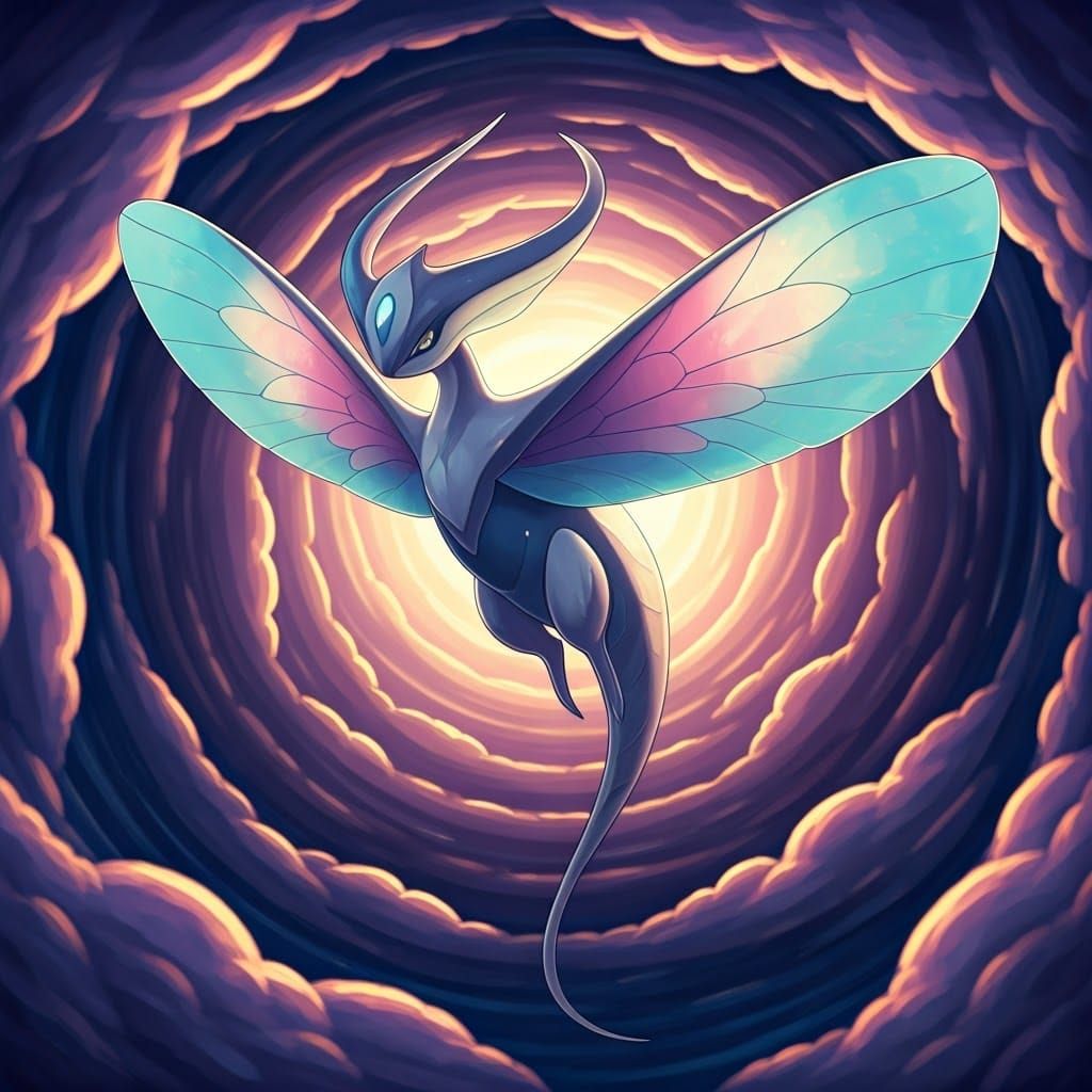 Mystical Iridescent Flying Pokémon in a Cosmic Vortex