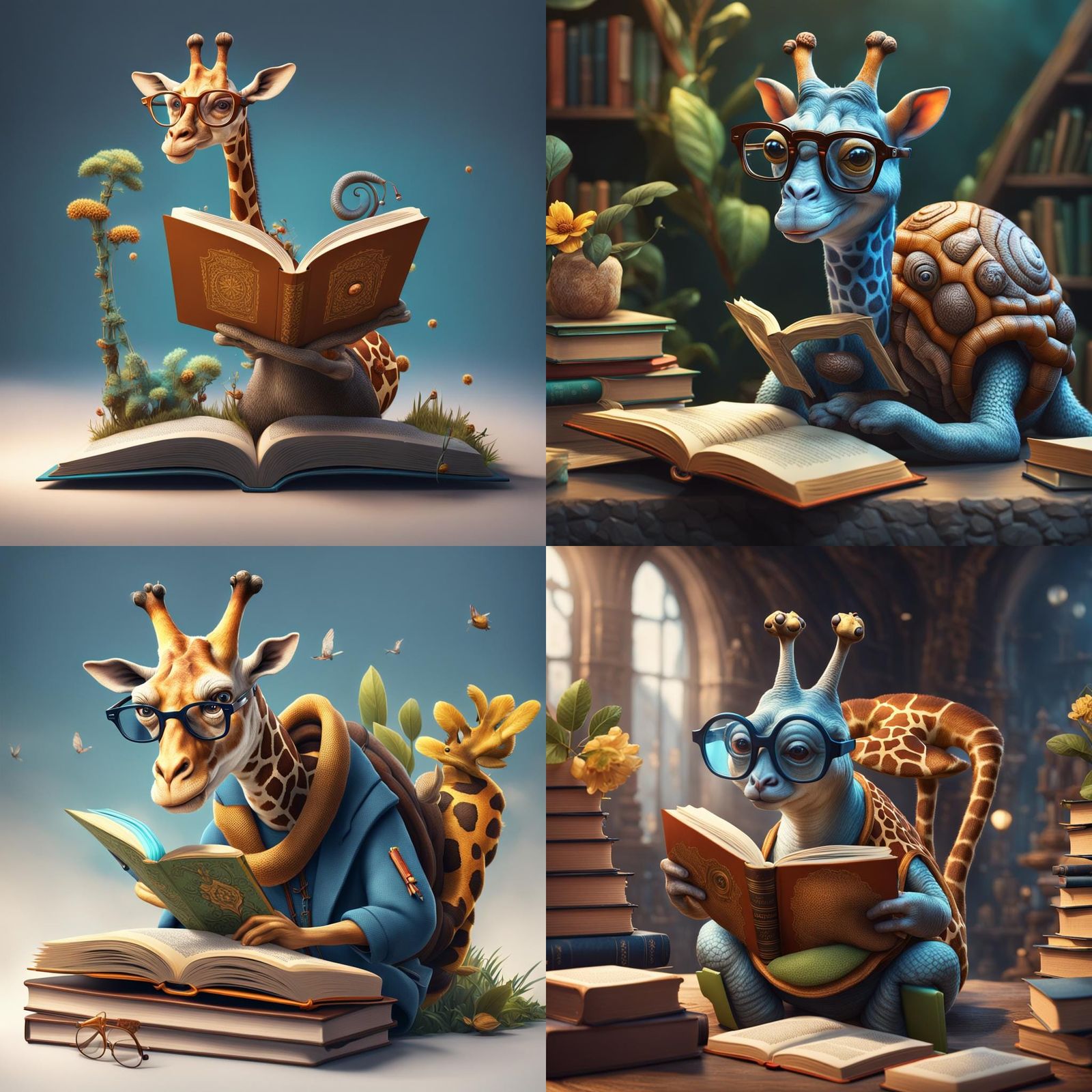 Fantastical Snail-Giraffe Hybrid Reading, Digital Art