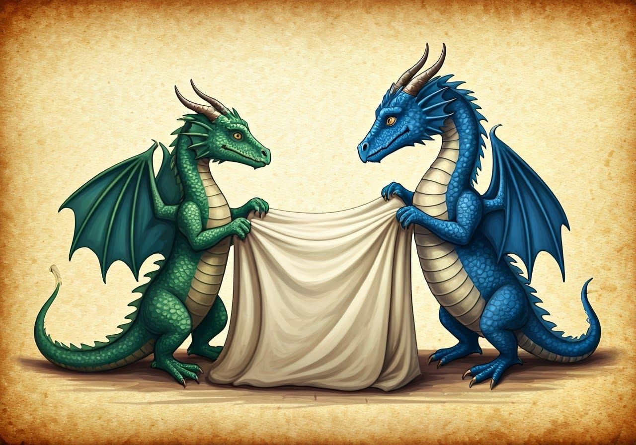 Dragons Folding Linen in Medieval Manuscript Style