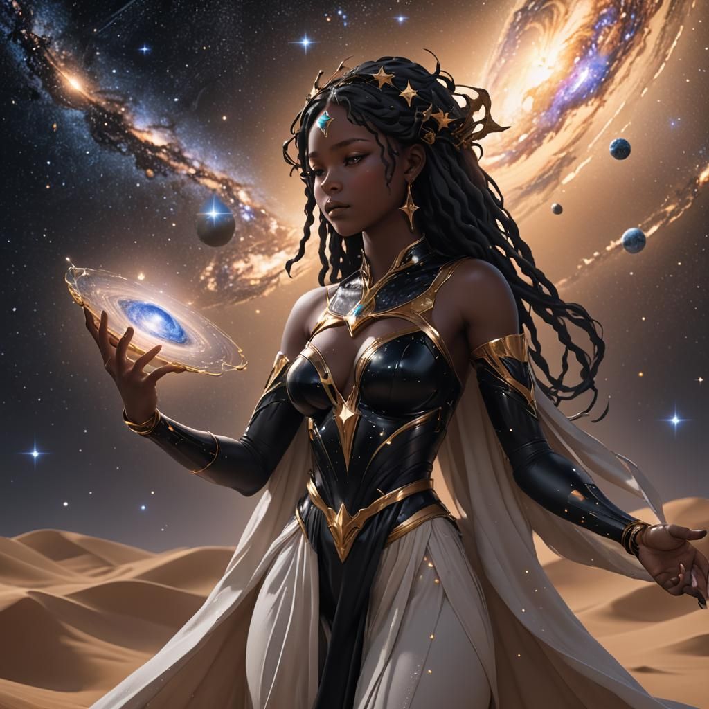 Goddess Holds Galaxy: Detailed 3D Anime Art
