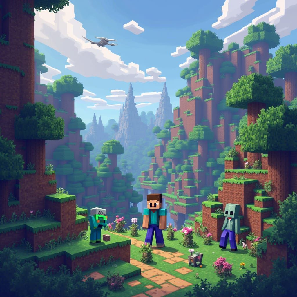 Minecraft Landscape with Mobs in Pixelated Digital Art