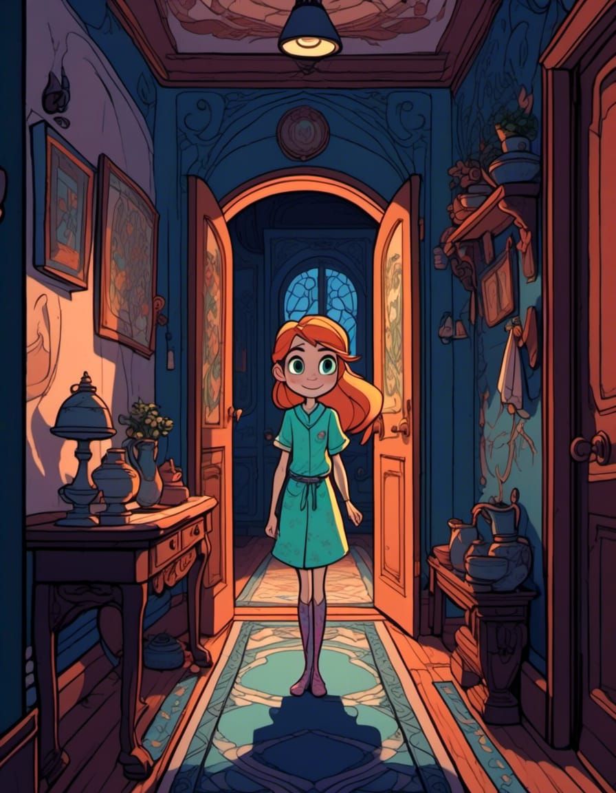 Cartoon Midnight Hallway Scene in Powerpuff Style