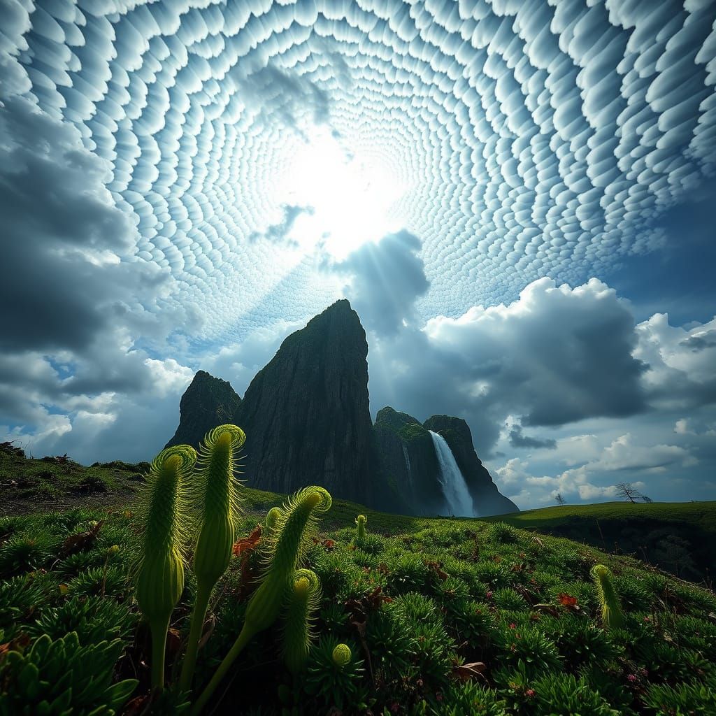 Surreal Stormy Landscape with Intricate Flower and Clouds