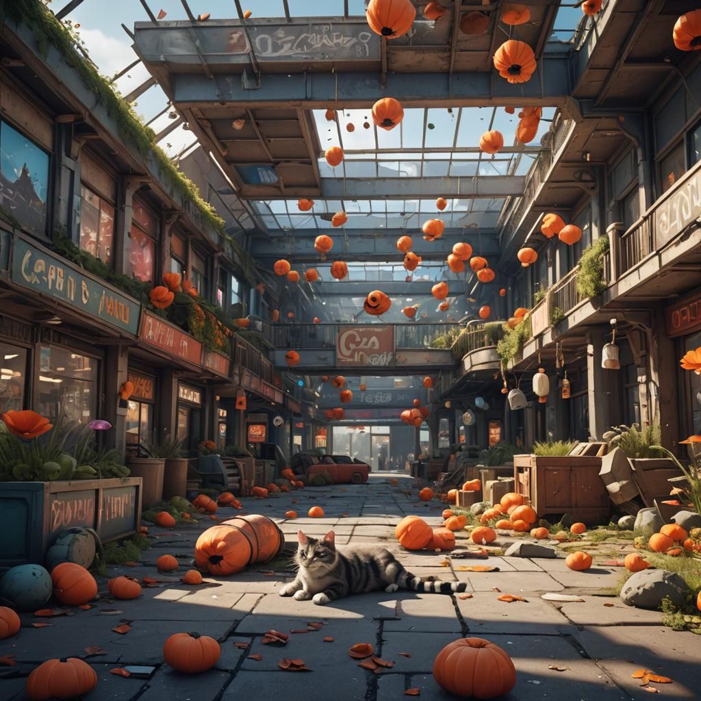 Cat Nap in Abandoned Shopping Center: Detailed Painting