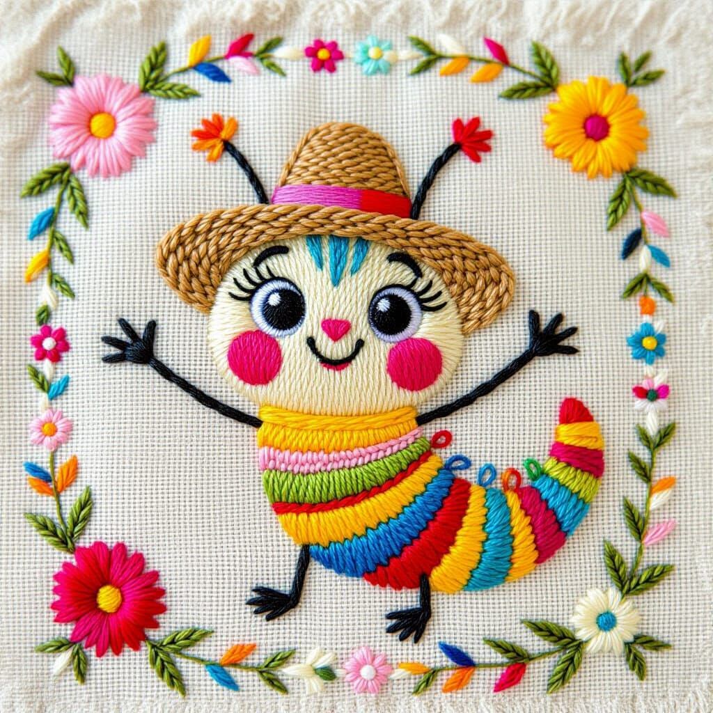 Cute Caterpillar Embroidery with Expressive Eyes