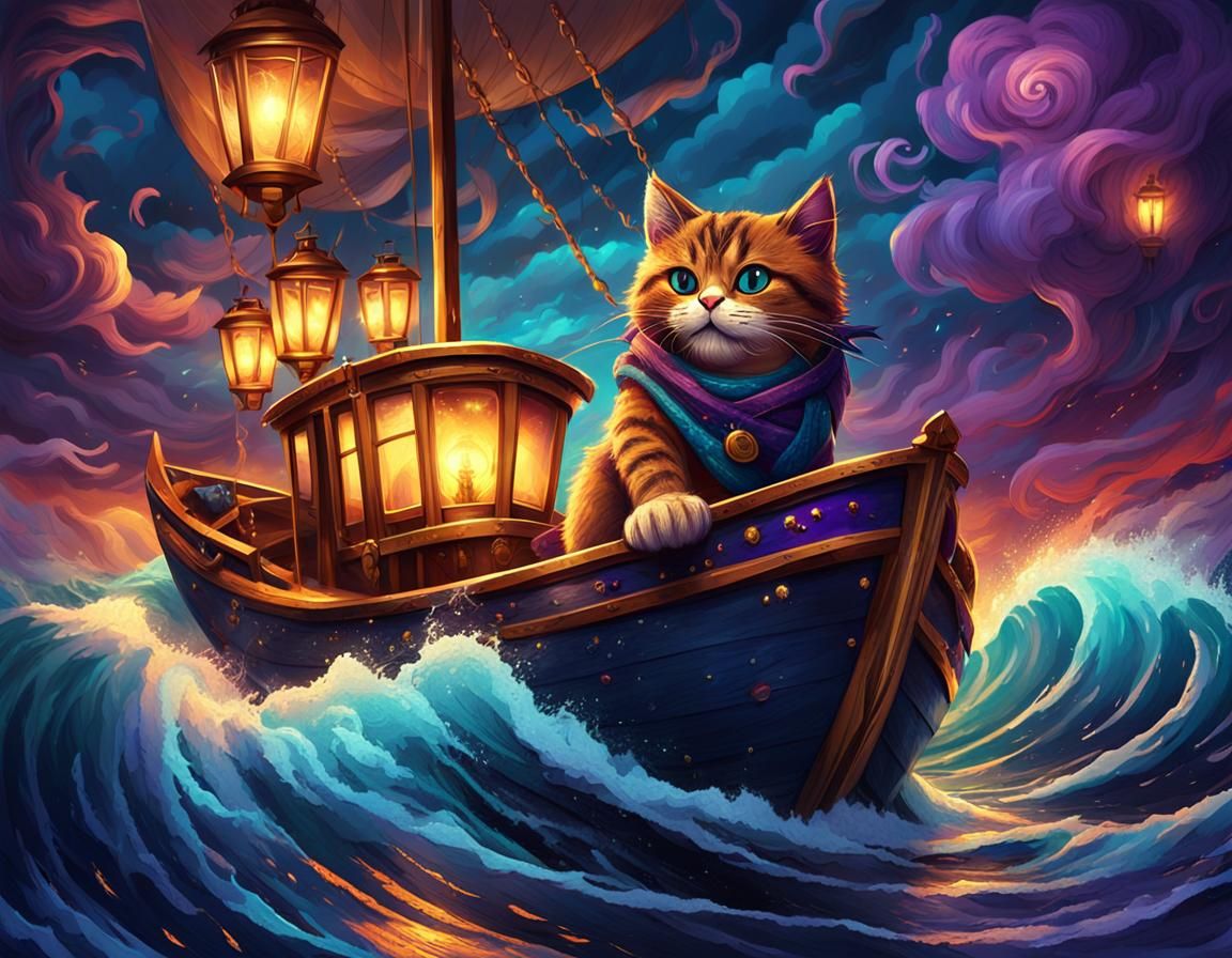 Cat Captains Boat in Stormy Seas: Fantasy Art