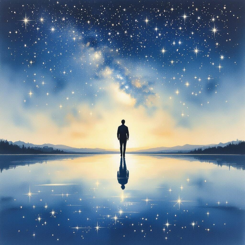 Man Soaring Through Starry Night Sky