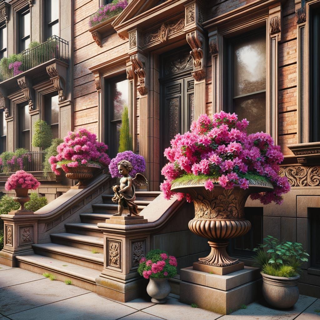 Brownstone Building with Bronze Urns and Azaleas