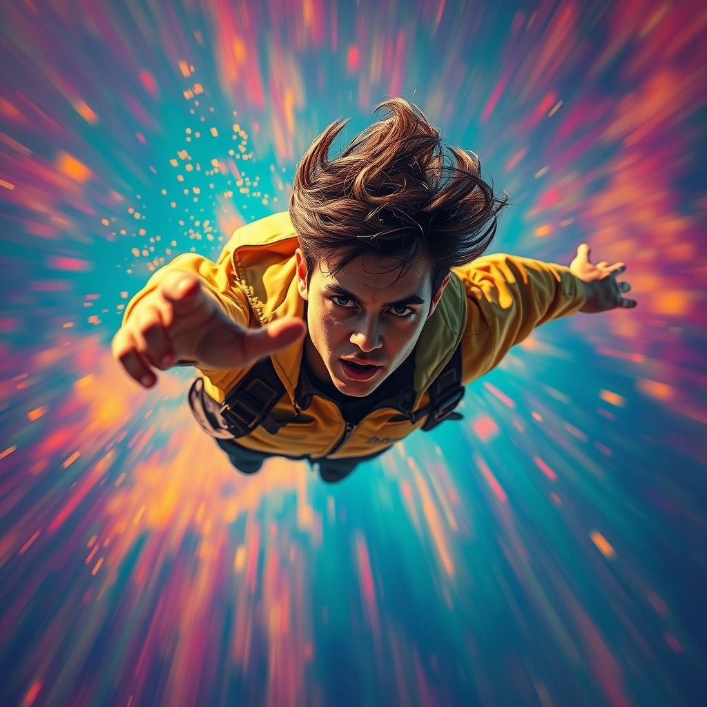 Person Soaring in Hyperrealistic Splash Art