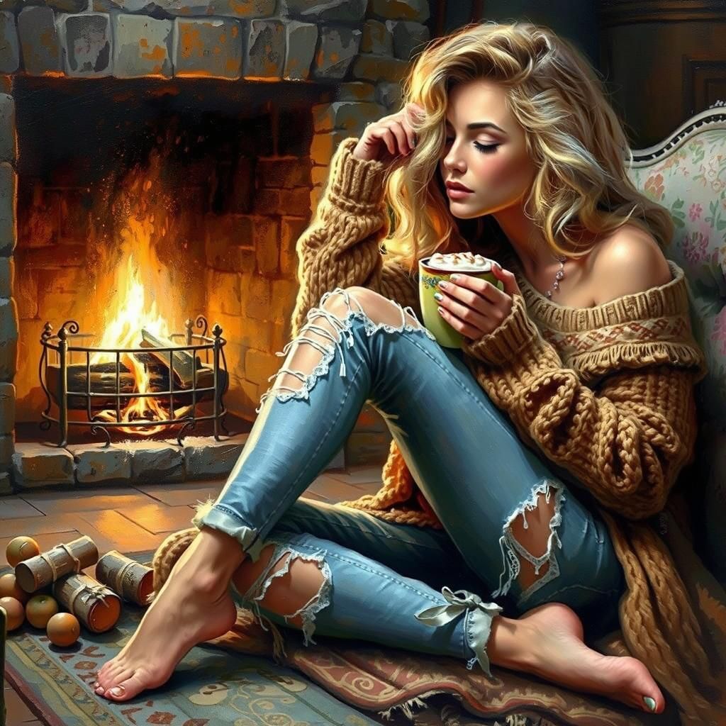 Cozy Woman Relaxing by Fireplace: Impressionist Winter Scene