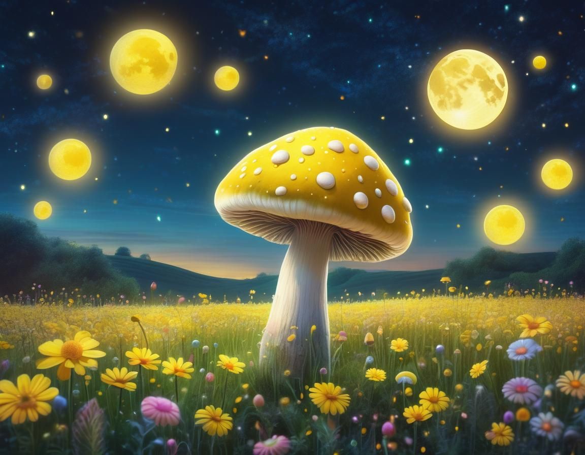 Anthropomorphic Mushroom Gazing at Moon, Colored Pencil Styl...