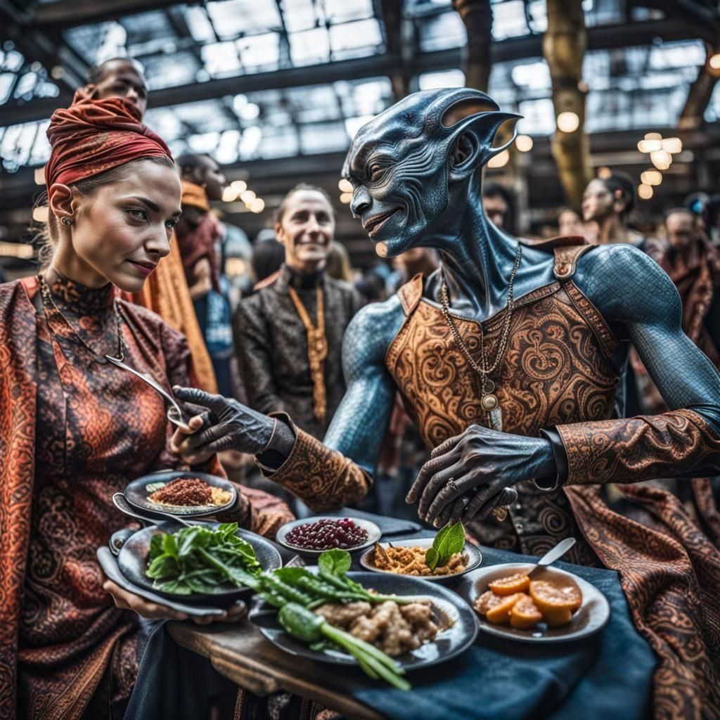 Surreal Restaurant Scene with Exotic Aliens in Gritty Settin...