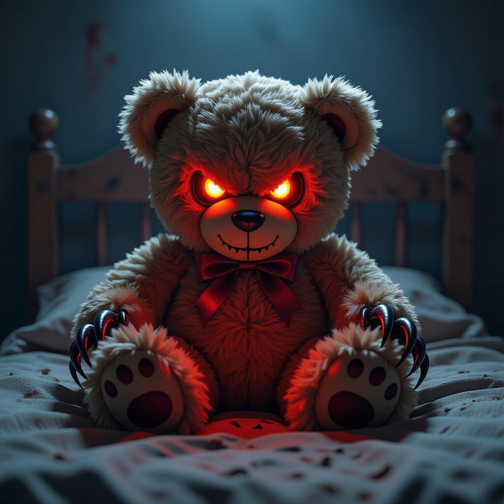 Sinister Teddy Bear with Glowing Eyes and Claws
