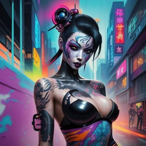 Cyberpunk Geisha at Party in Graffiti Art Style
