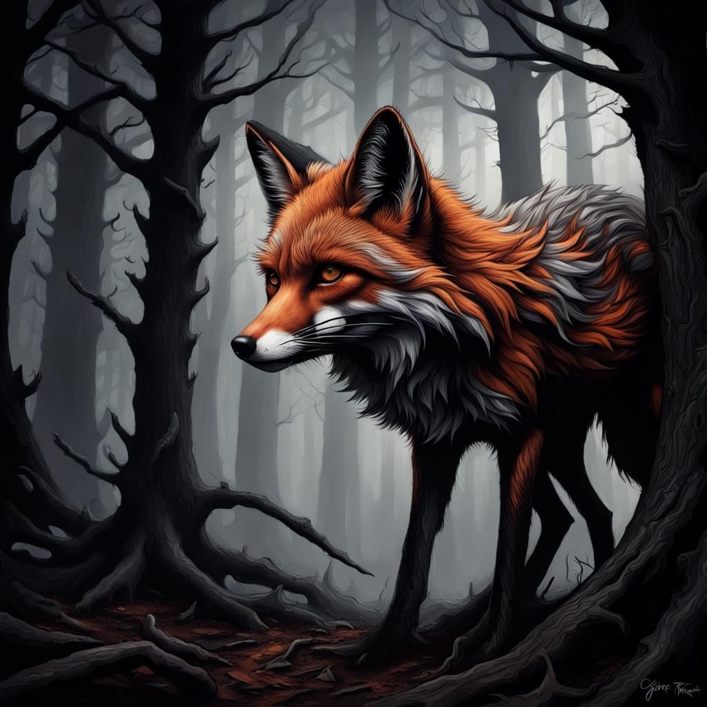 Hyperrealistic Fox Dying in Dark Woods