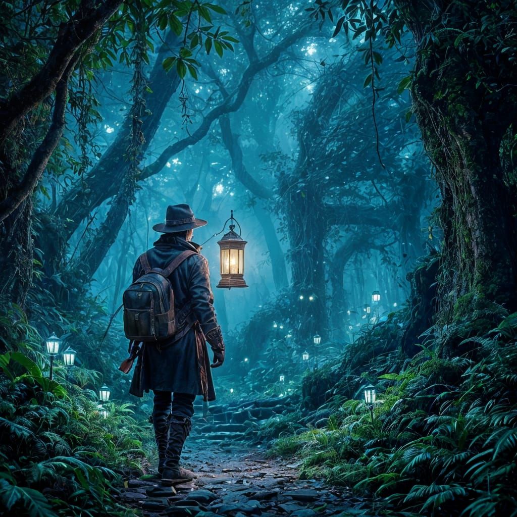 Bioluminescent Jungle Explorer with Glowing Lantern