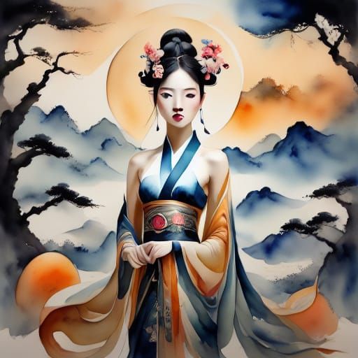 Ethereal East Asian Beauty in Golden Watercolor