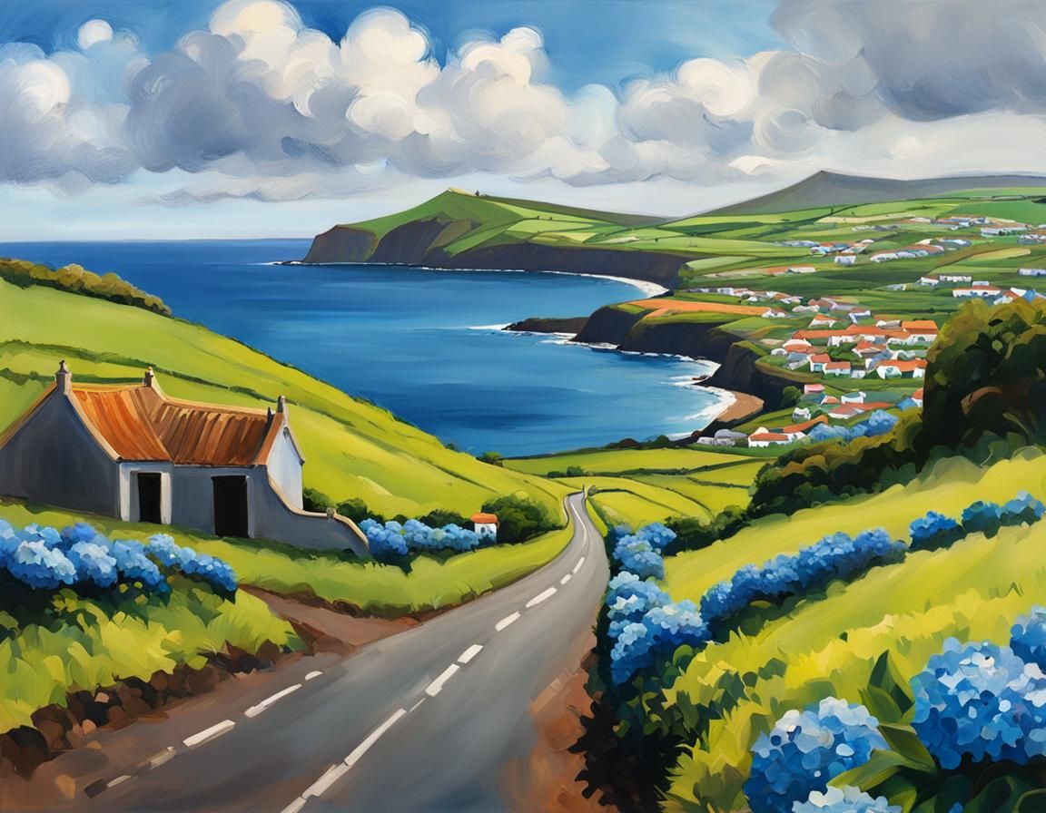 Azores Island View in Expressionist Oil Painting Style
