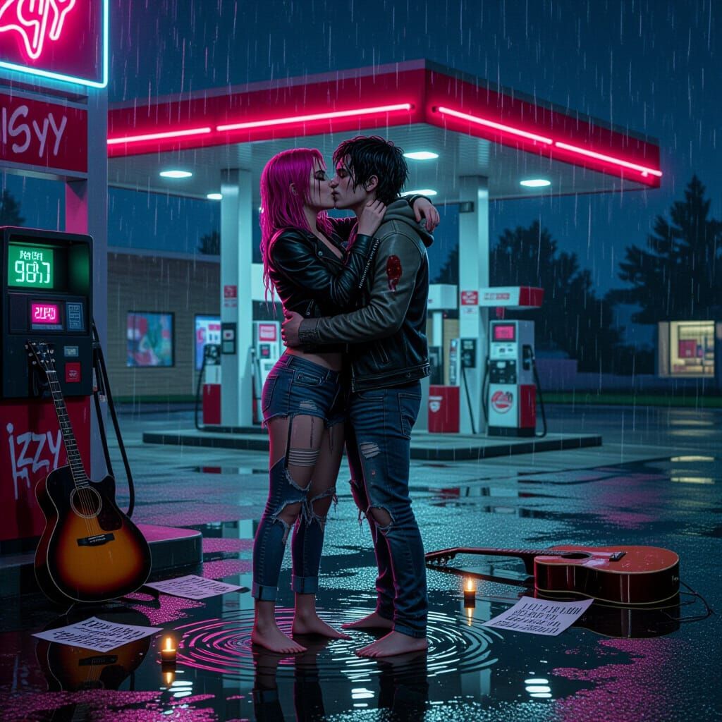 Passionate Midnight Kiss in Neon Rain, Gritty Realism