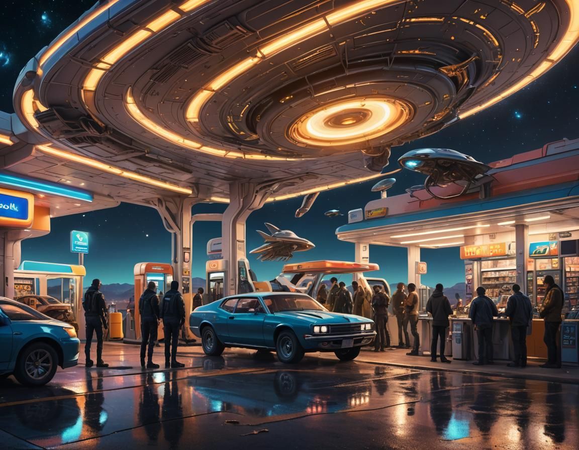 Alien Travelers at Futuristic Gas Station in Digital Art