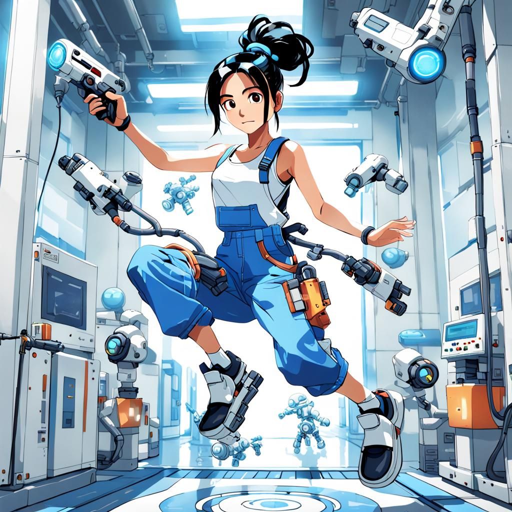 Woman with Portal Gun in Testing Facility